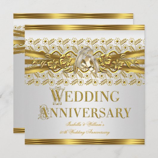 Invitation 50e Anniversaire de Mariage Anneaux Dorés Fleurs B (Devant / Derrière)
