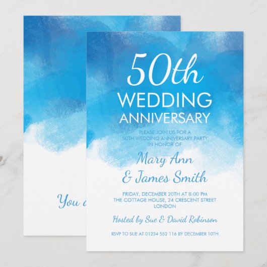 Invitation 50e anniversaire de Mariage Aquarelle bleu d'été (Devant / Derrière)