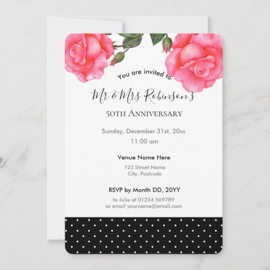 Invitation 50e Anniversaire de Mariage Aquarelle Rose Rose (Devant)