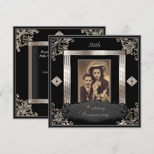 Invitation 50e anniversaire de mariage Art Déco noir sépia (Devant / Derrière)