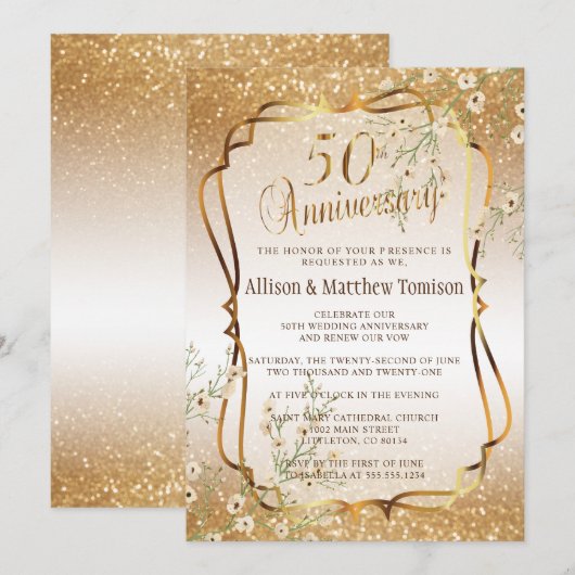 Invitation 50e Anniversaire de Mariage au Paillettes Dorées | (Devant / Derrière)