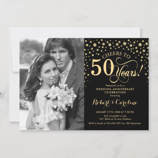 Invitation 50e anniversaire de mariage avec photo - Or Noir (Devant)