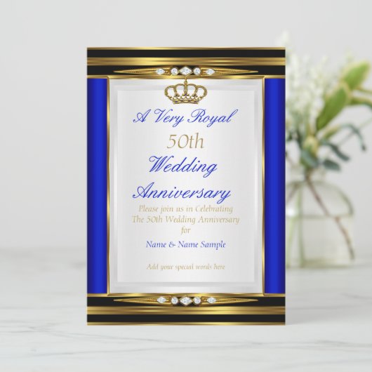Invitation 50e anniversaire de mariage bleu royal couronne d' (Debout devant)