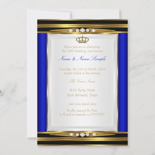 Invitation 50e anniversaire de mariage bleu royal couronne d' (Dos)