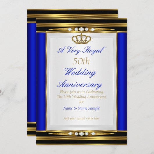 Invitation 50e anniversaire de mariage bleu royal couronne d' (Devant / Derrière)