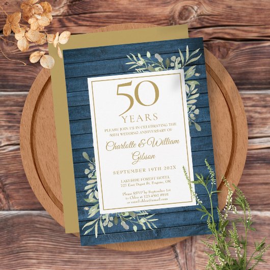 Invitation 50e anniversaire de mariage Bleu Rustique Bois Ver