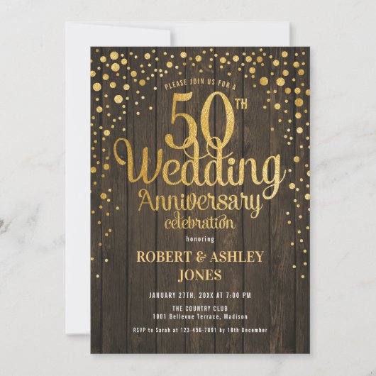 Invitation 50e anniversaire de mariage - Bois & Or (Devant)