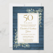 Invitation 50e anniversaire de mariage Bois rustique bleu ver (Devant)