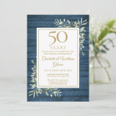 Invitation 50e anniversaire de mariage Bois rustique bleu ver (Debout devant)