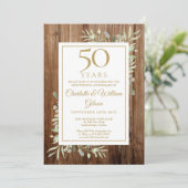 Invitation 50e anniversaire de mariage Bois rustique Feuillag (Debout devant)