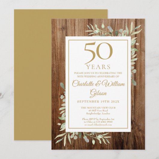 Invitation 50e anniversaire de mariage Bois rustique Feuillag (Devant / Derrière)