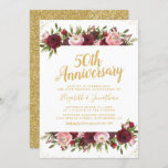 Invitation 50e anniversaire de Mariage Burgundy Blush Gold<br><div class="desc">Élégantes invitations à l'anniversaire du 50e mariage avec un arrière - plan blanc uni qui peut être changé à n'importe quelle couleur, un éventail de marsala rouge, bordeaux & rose rousse fleurs florales d'aquarelle, et un modèle de fête d'anniversaire moderne. ================================================================================================================================================================================================================================================================ modifiez ce modèle. Tous les styles, couleurs et tailles...</div>