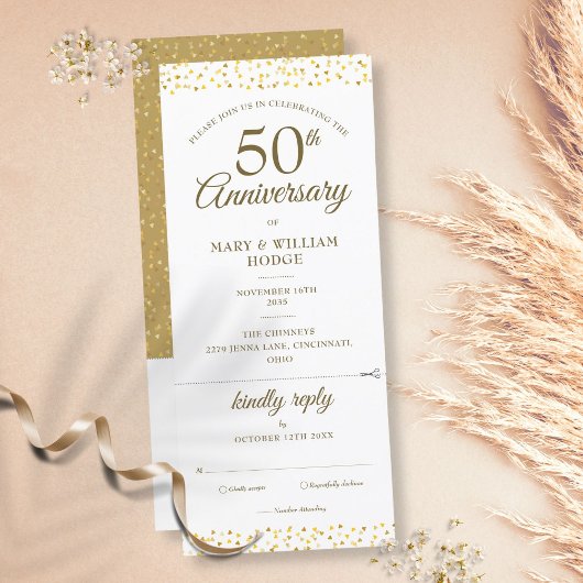 Invitation 50e anniversaire de mariage cœur confettis RSVP