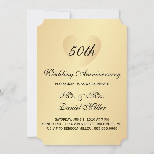 Invitation 50e anniversaire de mariage Cœur en or (Devant)