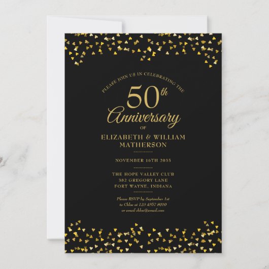 Invitation 50e Anniversaire de Mariage Cœurs d'Amour Noir Or (Devant)