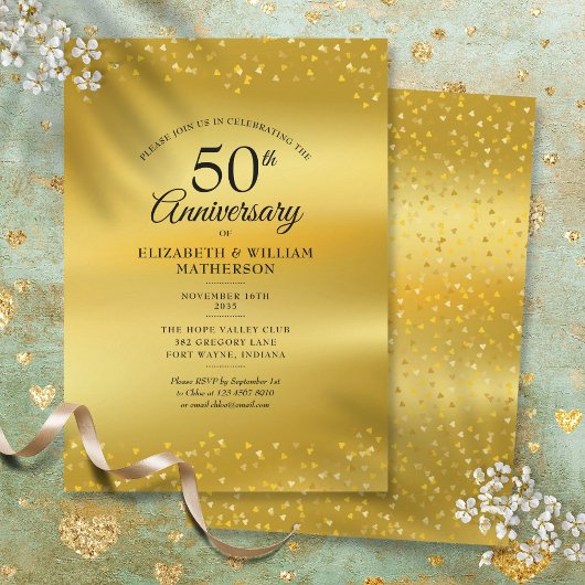 Invitation 50e Anniversaire de Mariage Cœurs Dorés Feuille