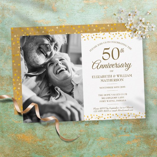 Invitation 50e anniversaire de mariage coeurs dorés photo