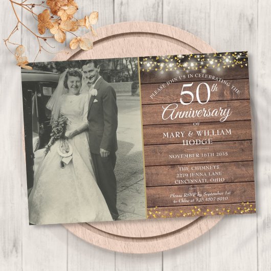 Invitation 50e Anniversaire de Mariage Cœurs en Or Rustique P