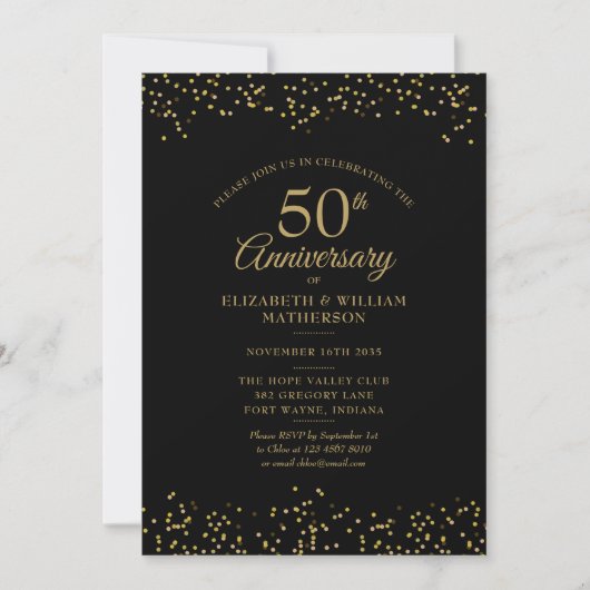 Invitation 50e anniversaire de mariage confettis noirs et or (Devant)