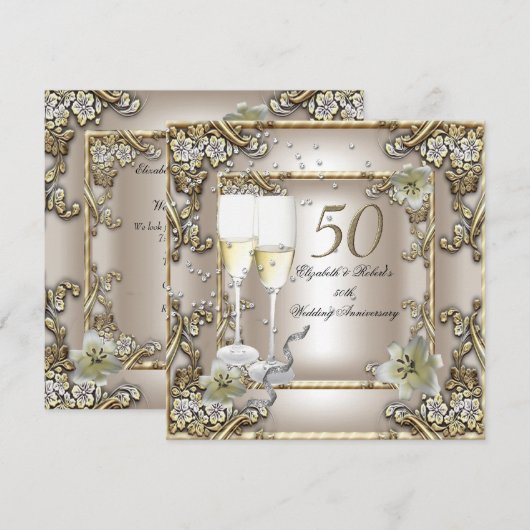 Invitation 50e Anniversaire de Mariage Crème Or Lily (Devant / Derrière)