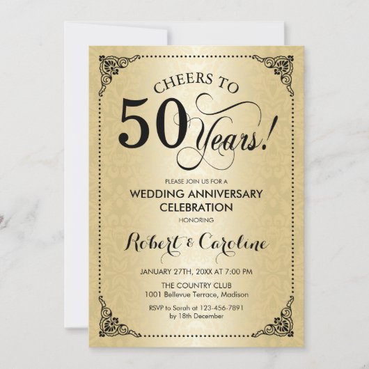 Invitation 50e anniversaire de mariage - Damask noir or (Devant)