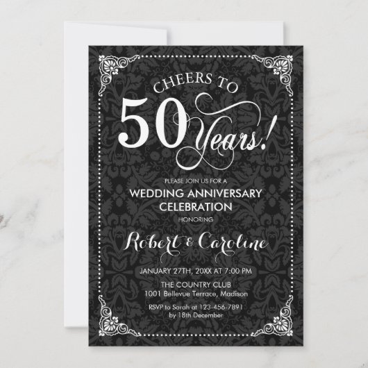 Invitation 50e anniversaire de mariage - Damassé noir et blan (Devant)
