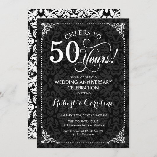 Invitation 50e anniversaire de mariage - Damassé noir et blan (Devant / Derrière)