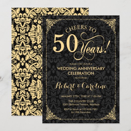 Invitation 50e anniversaire de mariage - Damier noir or (Devant / Derrière)