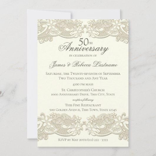 Invitation 50e anniversaire de mariage dentelle florale vinta (Devant)