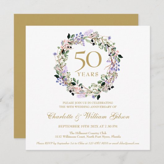 Invitation 50e anniversaire de Mariage d'or Lavender Floral (Devant / Derrière)