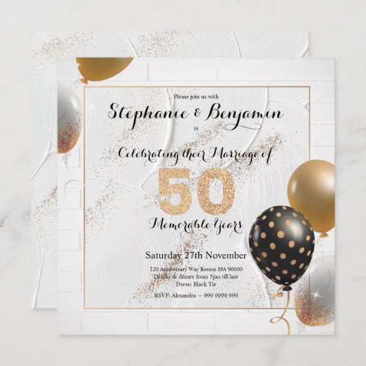 Invitation 50e anniversaire de mariage doré paillettes élégan (Devant / Derrière)