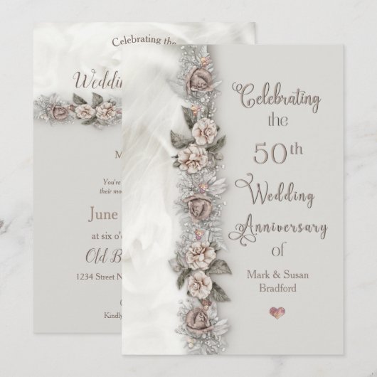 Invitation 50e anniversaire de mariage Dreamy Floral Beige Ro (Devant / Derrière)