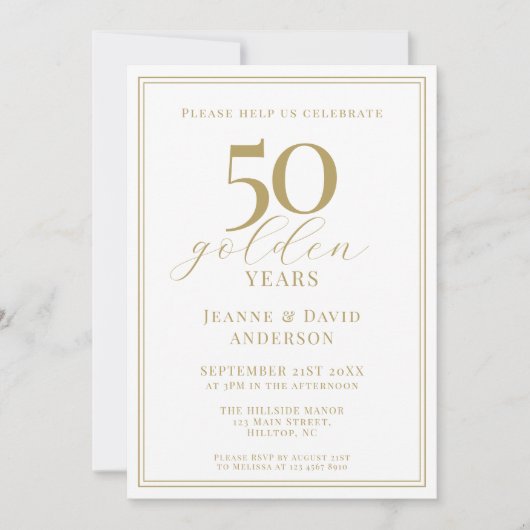Invitation 50e anniversaire de Mariage Élégant 50 ans d'or (Devant)