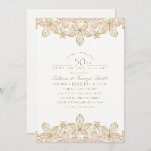 Invitation 50e anniversaire de mariage élégant dentelle dorée (Devant / Derrière)