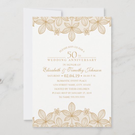 Invitation 50e anniversaire de mariage élégant doré dentelle (Devant)