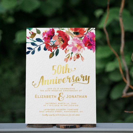 Invitation 50e Anniversaire de Mariage Élégant Fleurs Dorées