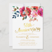 Invitation 50e Anniversaire de Mariage Élégant Fleurs Dorées (Devant)