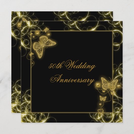 Invitation 50e anniversaire de mariage élégant papillon or (Devant / Derrière)