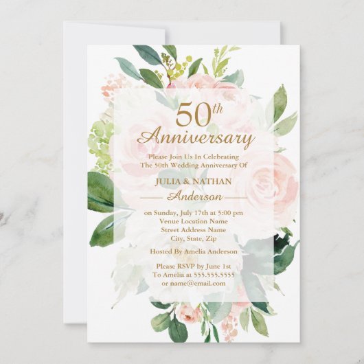 Invitation 50e anniversaire de mariage Elegant Rose Pêche Fle (Devant)