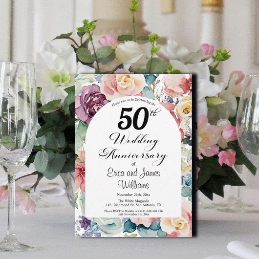 Invitation 50e anniversaire de Mariage Élégant script floral