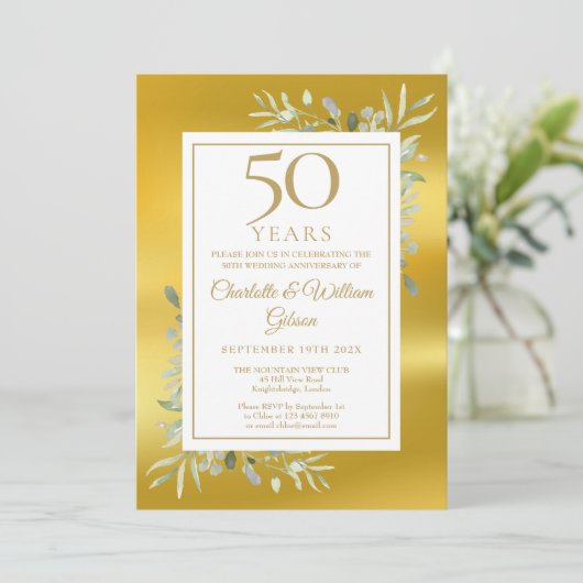 Invitation 50e Anniversaire de Mariage Feuillage Papier d'Or (Debout devant)