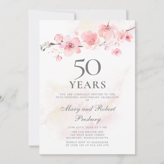 Invitation 50e anniversaire de mariage Fleur de cerisier rose (Devant)