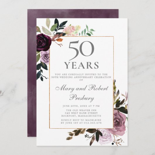 Invitation 50e Anniversaire de Mariage Fleurs Mauve Rose Viol (Devant / Derrière)