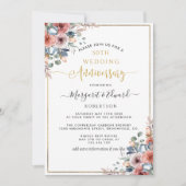 Invitation 50e anniversaire de mariage, floral bleu or blush (Devant)