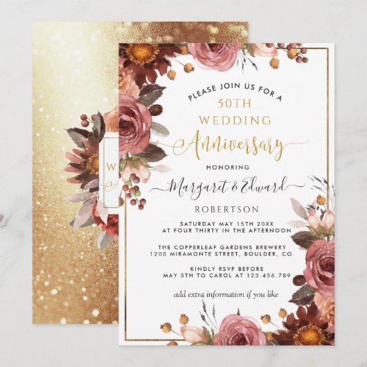 Invitation 50e anniversaire de mariage, floral burgundy et or (Devant / Derrière)