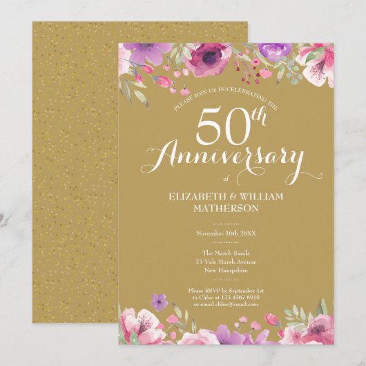 Invitation 50e anniversaire de mariage floral campagne (Devant / Derrière)