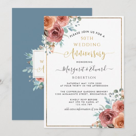 Invitation 50e anniversaire de mariage, Floral Dusty Blue Pea (Devant / Derrière)