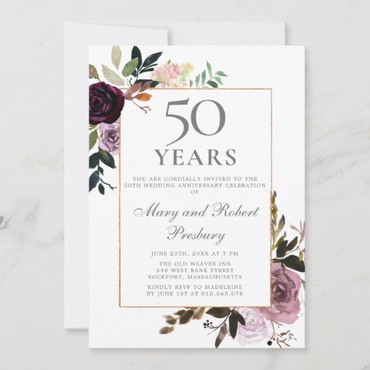 Invitation 50e anniversaire de mariage floral mauve rose (Devant)