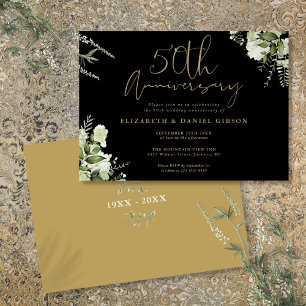 Invitation 50e anniversaire de mariage floral noir et or