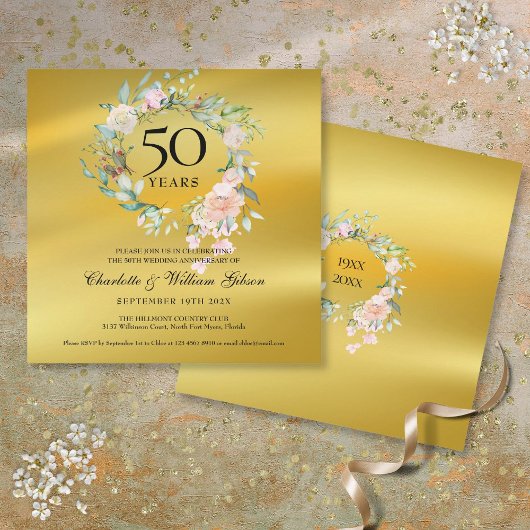Invitation 50e anniversaire de mariage floral papier d'or